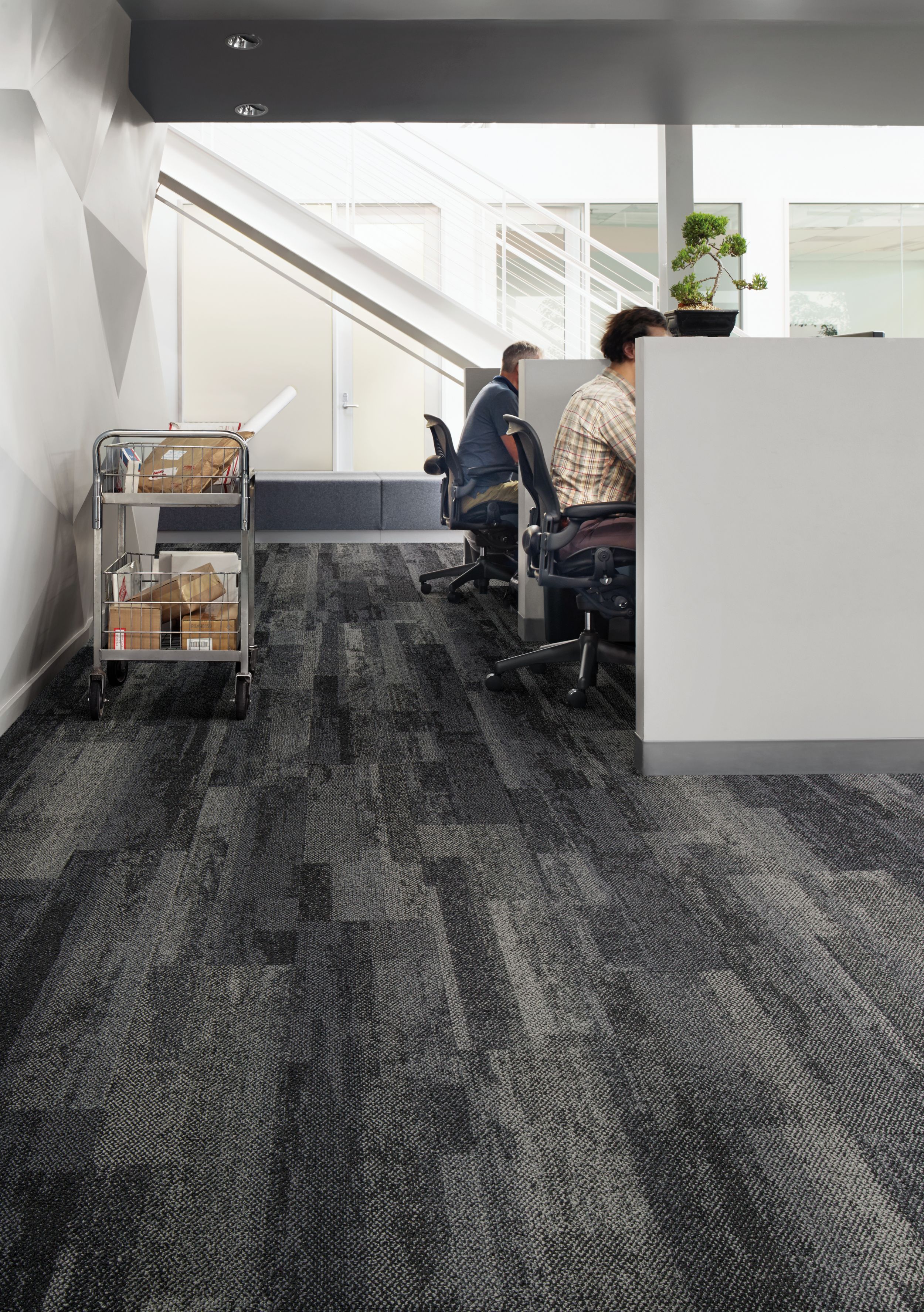 Interface Naurally Weathered plank carpet tile in office with cubicals and staircase in background image number 11